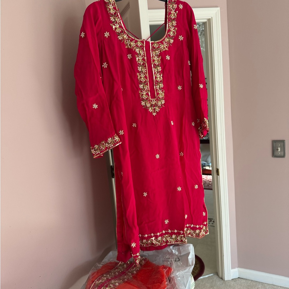 Embroidered Red Traditional Three piece Punjabi Pakistani suit with Gold Accents